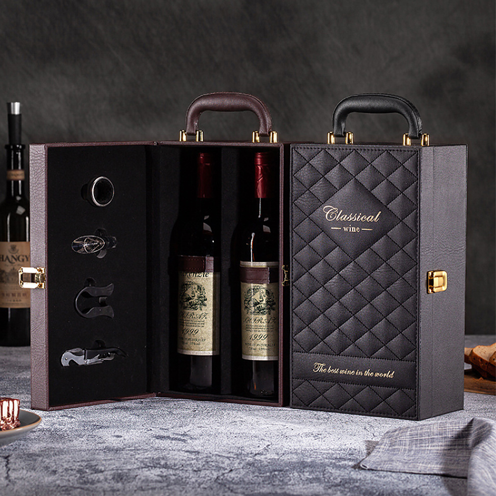 Custom Double Leatherette Wine Box 750ML Bottle Box and PU Leather Wine Box With Vintage 4 Piece Wine Tools Kit