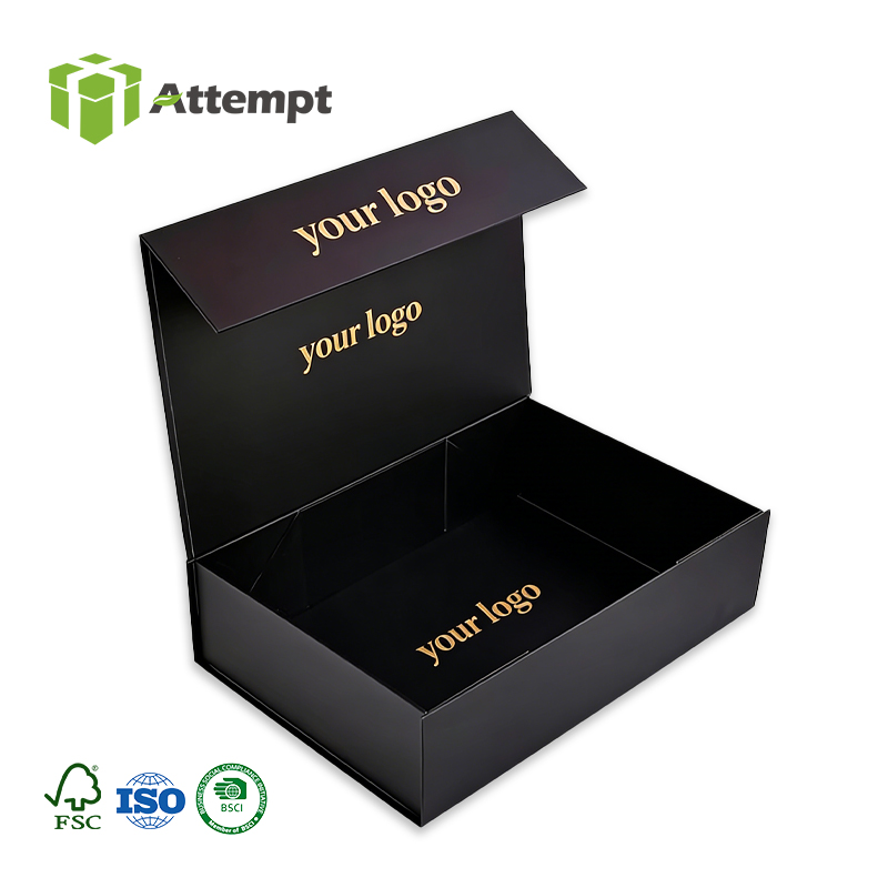 Black Luxury Premium Custom Logo Eco-Friendly Reusable Rigid Cardboard Magnetic Closure Gift Box with Matte Finish Hot Stamping