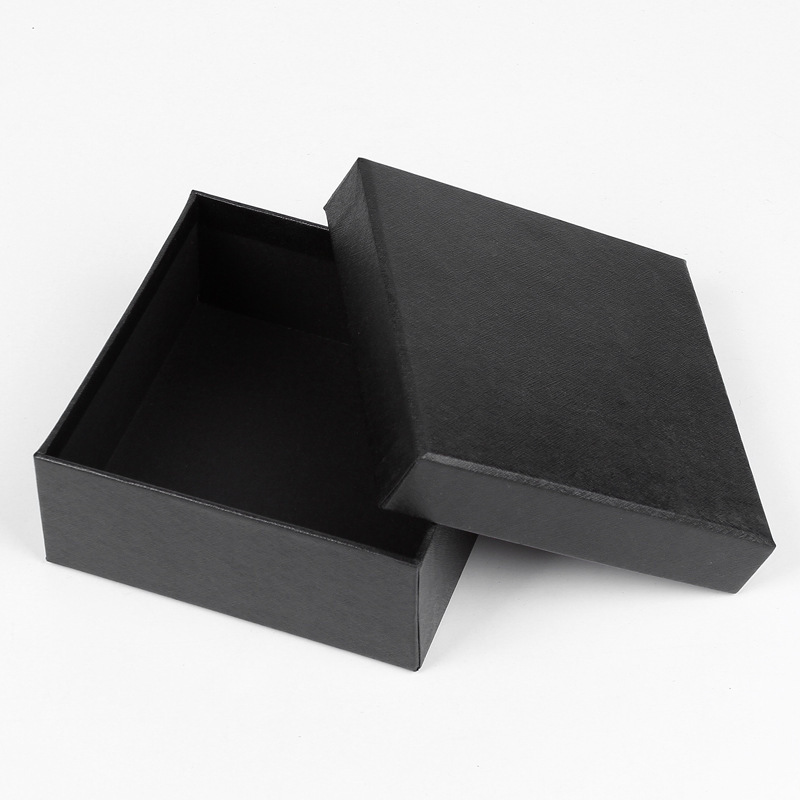 Heaven Earth-style Square Small Black Jewelry Gift Box with Belt Packaging Cardboard Material Hot Stamped Die Cut Design Model 5