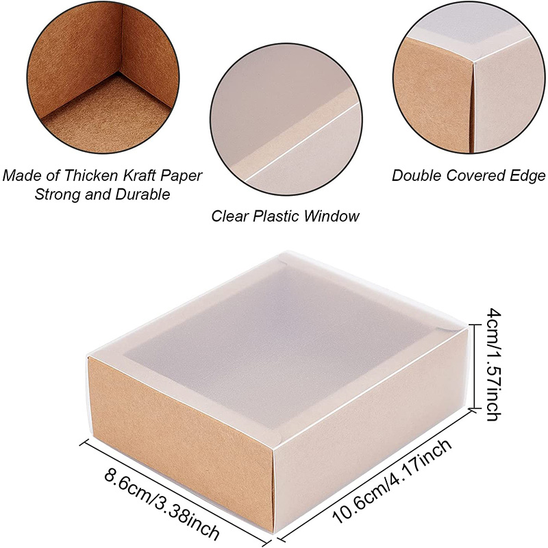 Kraft Paper Gift Boxes with PVC Frosted Cover Kraft Paper Drawer Box for Cake Cookie Candy Soap Snacks Wedding Party Favors
