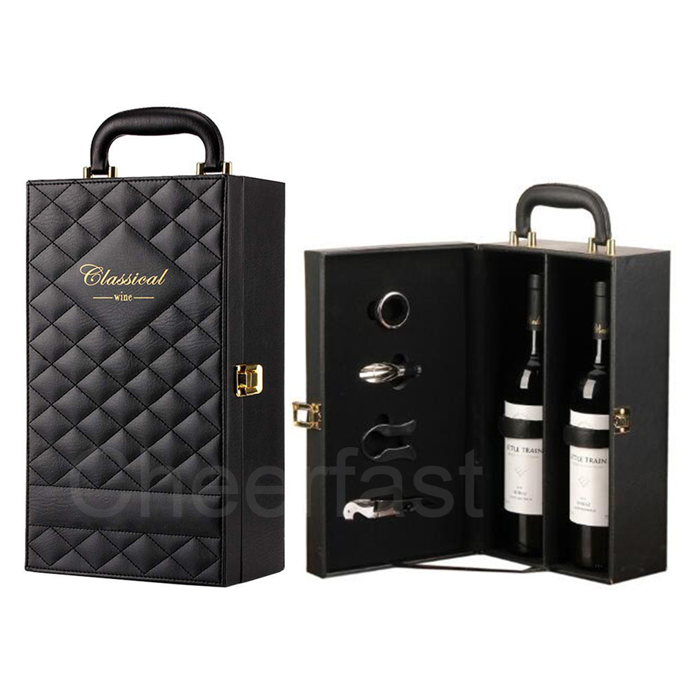 Custom Double Leatherette Wine Box 750ML Bottle Box and PU Leather Wine Box With Vintage 4 Piece Wine Tools Kit