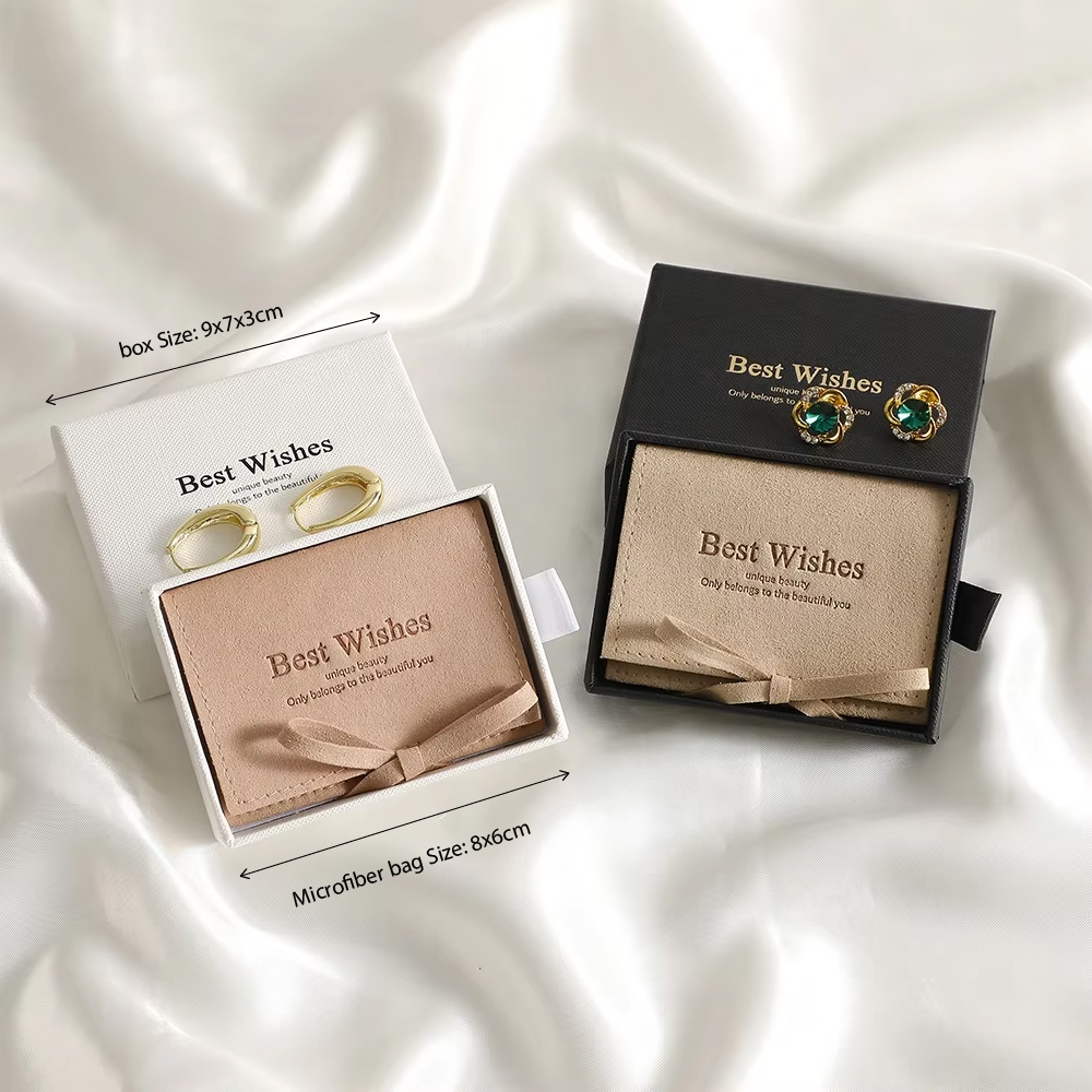 9x7x3cm Custom Logo Gifting Preferred Jewelry Storage Set Microfiber Bow Pouches Foldable Vintage Smooth Luxury Drawer Box