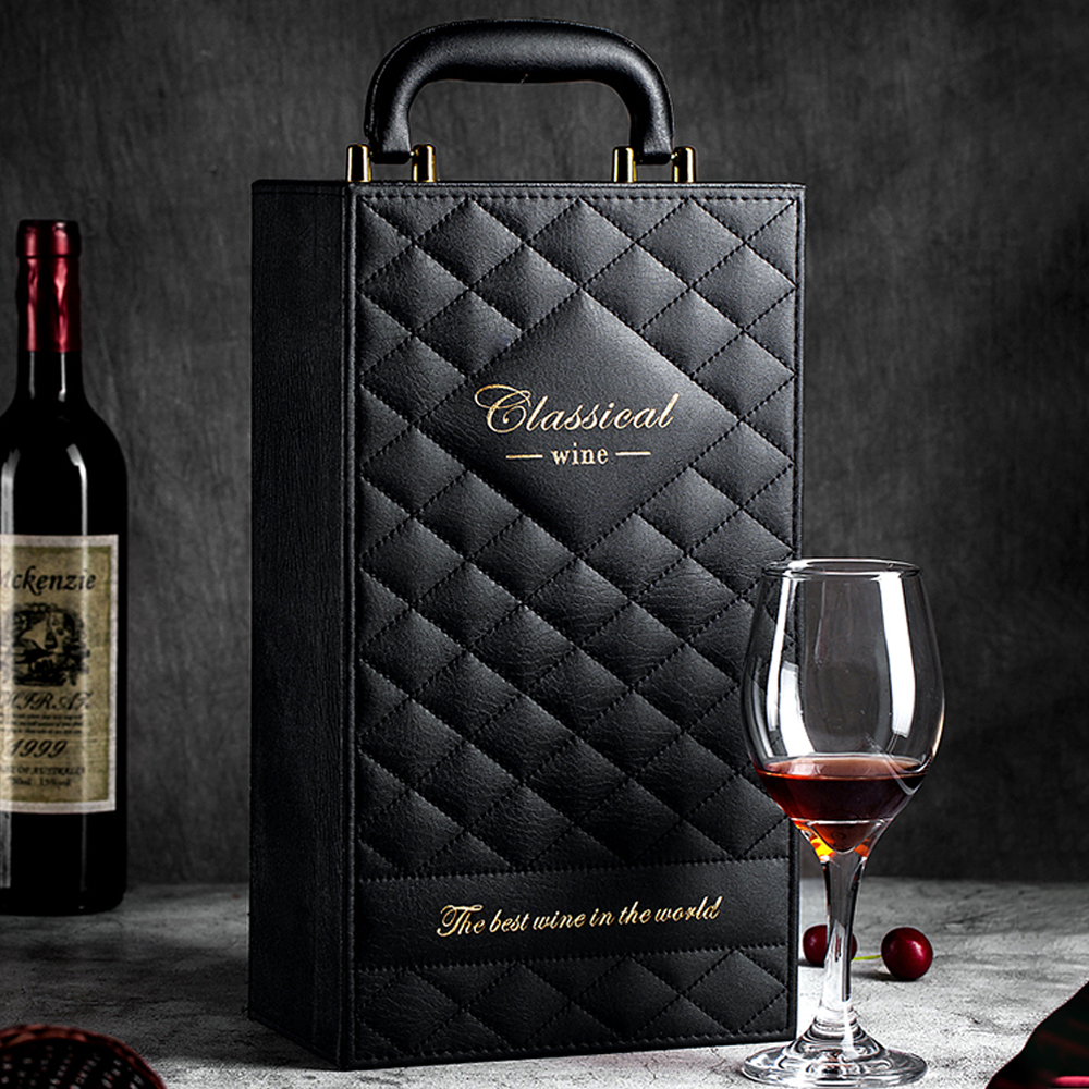 Custom Double Leatherette Wine Box 750ML Bottle Box and PU Leather Wine Box With Vintage 4 Piece Wine Tools Kit