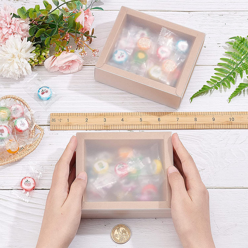 Kraft Paper Gift Boxes with PVC Frosted Cover Kraft Paper Drawer Box for Cake Cookie Candy Soap Snacks Wedding Party Favors