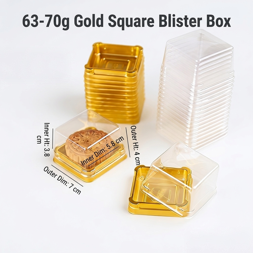 Food Grade Square Mooncake Blister Box Transparent Top Bottom Lid Golden Inner Tray Custom Dessert Pastry Plastic Packaging Box