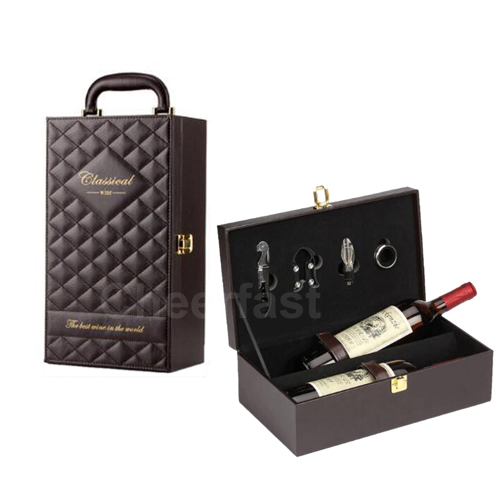 Custom Double Leatherette Wine Box 750ML Bottle Box and PU Leather Wine Box With Vintage 4 Piece Wine Tools Kit