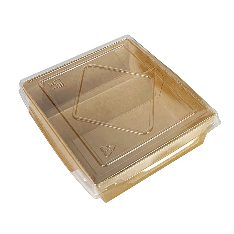 Disposable Packaging Waterproof 2 Two Compartments Fast Food Tray Kraft Rectangular Paper Salad Food Box with PET Lid