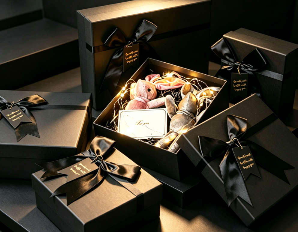 Custom Luxury Black Rigid Gift Box with Lid Recyclable Cardboard Packaging Box for Perfume Birthday Souvenir Gifts