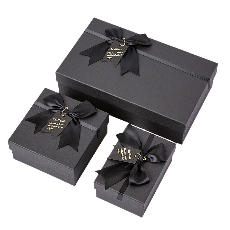 Custom Luxury Black Bow Gift Box Premium Rigid Paper Packaging with Ribbon Decoration for Jewelry Cosmetics Perfume Gifts