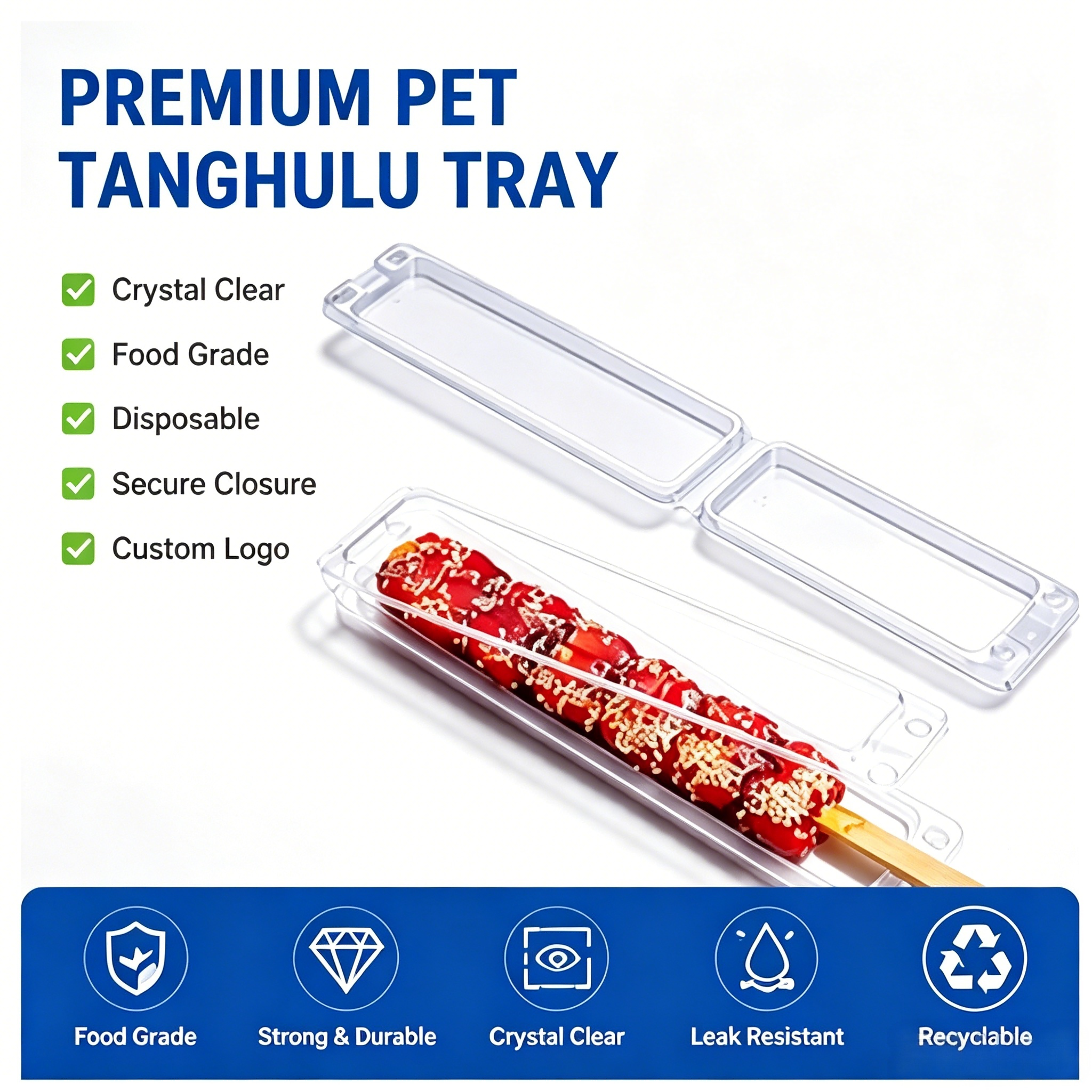 Customizable PET Safe Disposable Recyclable Transparent Candy Tanghulu Fruit Skewers Plastic Boxes Food Packaging with Lids