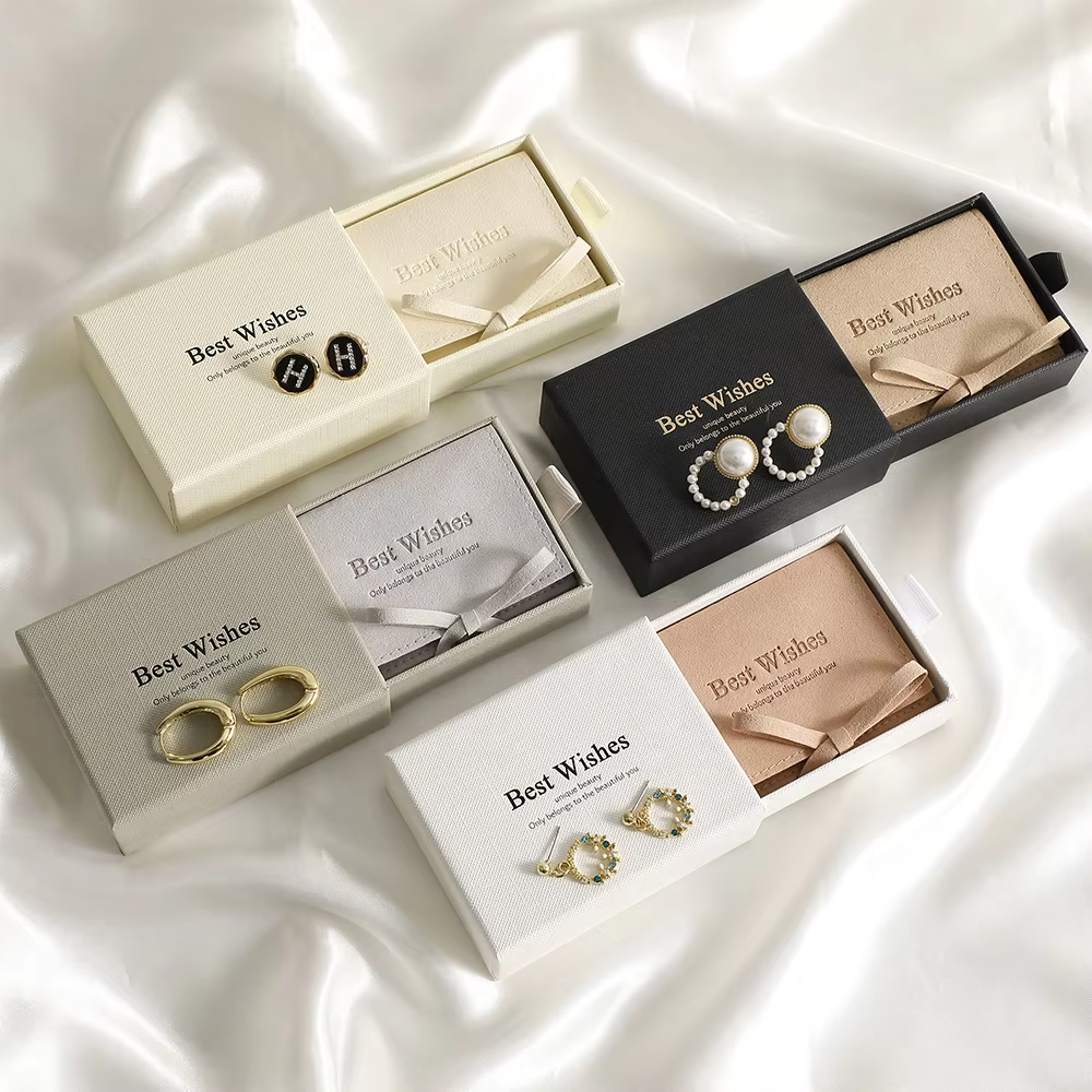 9x7x3cm Custom Logo Gifting Preferred Jewelry Storage Set Microfiber Bow Pouches Foldable Vintage Smooth Luxury Drawer Box