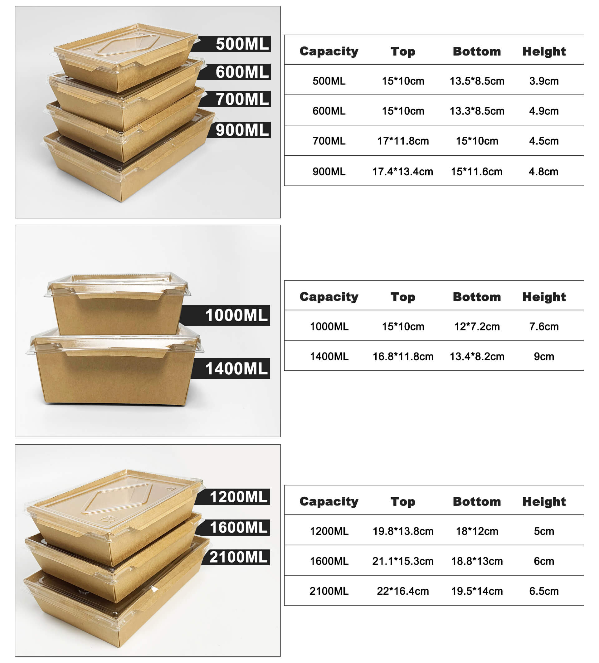 Disposable Packaging Waterproof 2 Two Compartments Fast Food Tray Kraft Rectangular Paper Salad Food Box with PET Lid