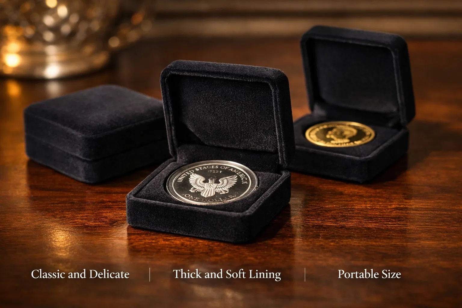 Promotional Gifts Stamping Logo Commemorative Medal Challenge Coin PU Leather Velvet Plastic Box
