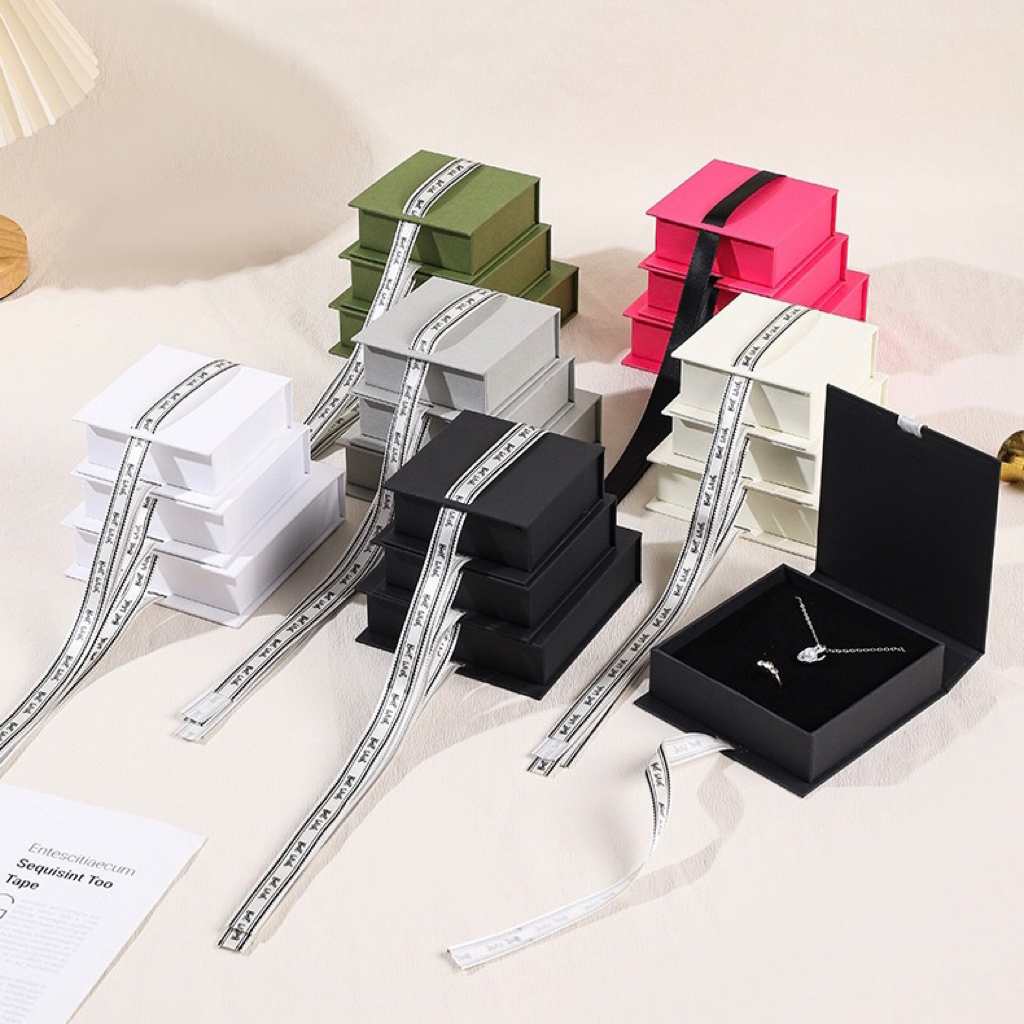 Custom Logo Magnetic Flip Cardboard Jewelry Paper Boxes With Ribbon Gift Jewelry Packaging Box