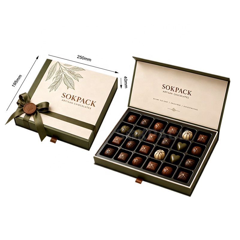 Custom Book Style Flip Top Chocolate &amp; Sweet Gift Box 24 Cavities Rigid Paperboard Box with Plastic Insert Candy Box
