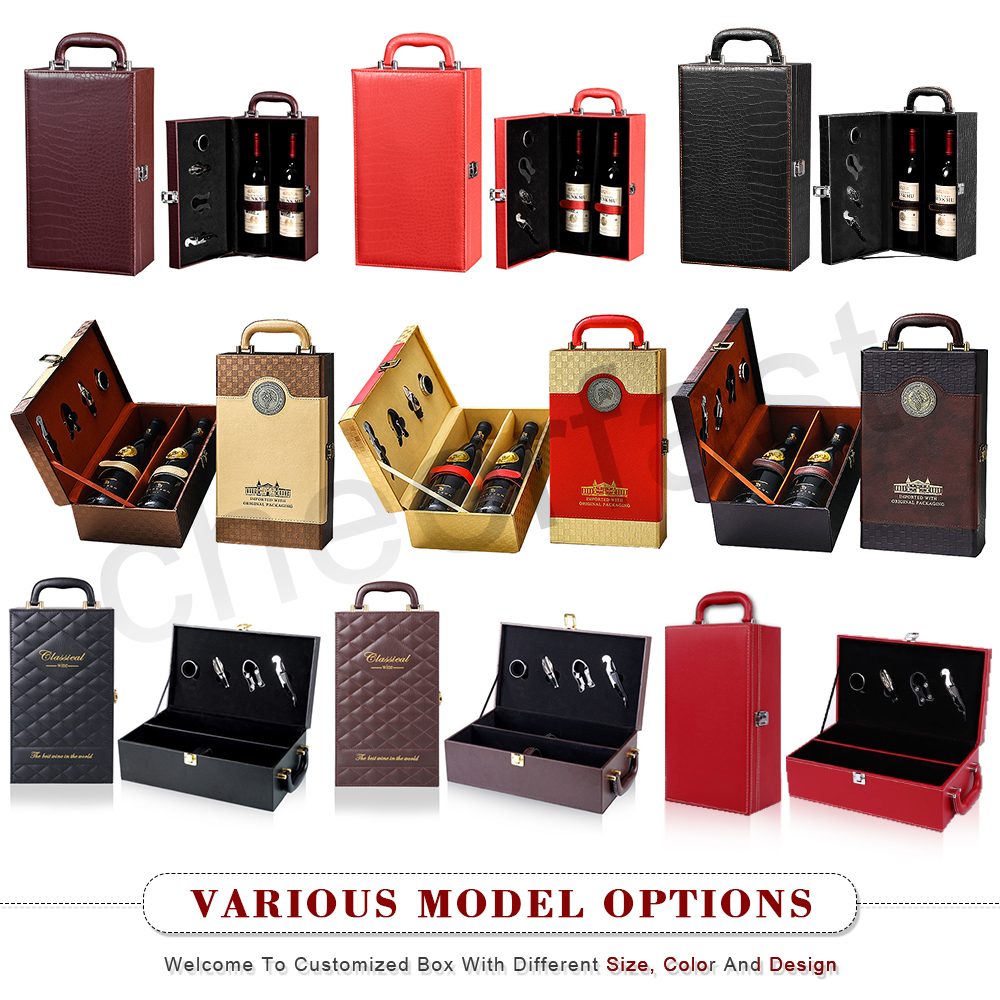 Custom Double Leatherette Wine Box 750ML Bottle Box and PU Leather Wine Box With Vintage 4 Piece Wine Tools Kit