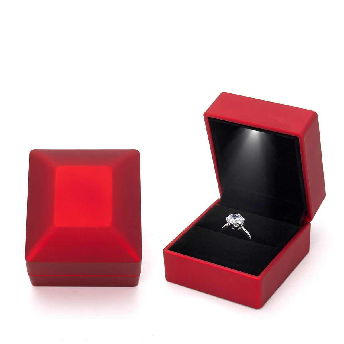 Hot Trendy White LED Light Jewelry Ring Box Custom Logo Velvet Engagement Wedding Ring Box Plastic Material Gift for Women
