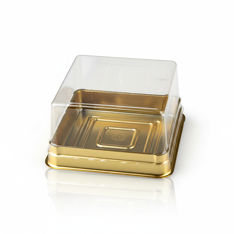 Food Grade Square Mooncake Blister Box Transparent Top Bottom Lid Golden Inner Tray Custom Dessert Pastry Plastic Packaging Box