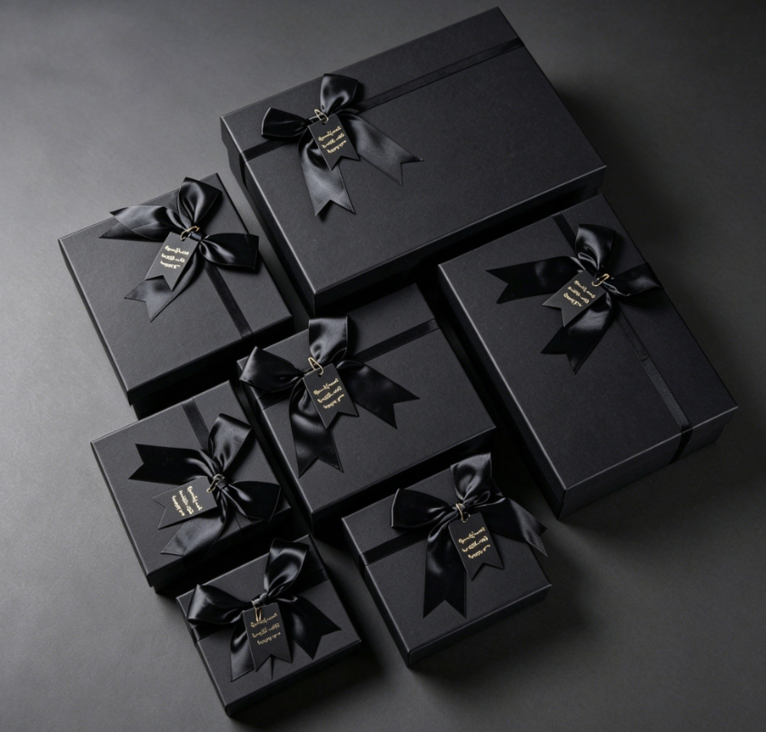 Custom Luxury Black Rigid Gift Box with Lid Recyclable Cardboard Packaging Box for Perfume Birthday Souvenir Gifts