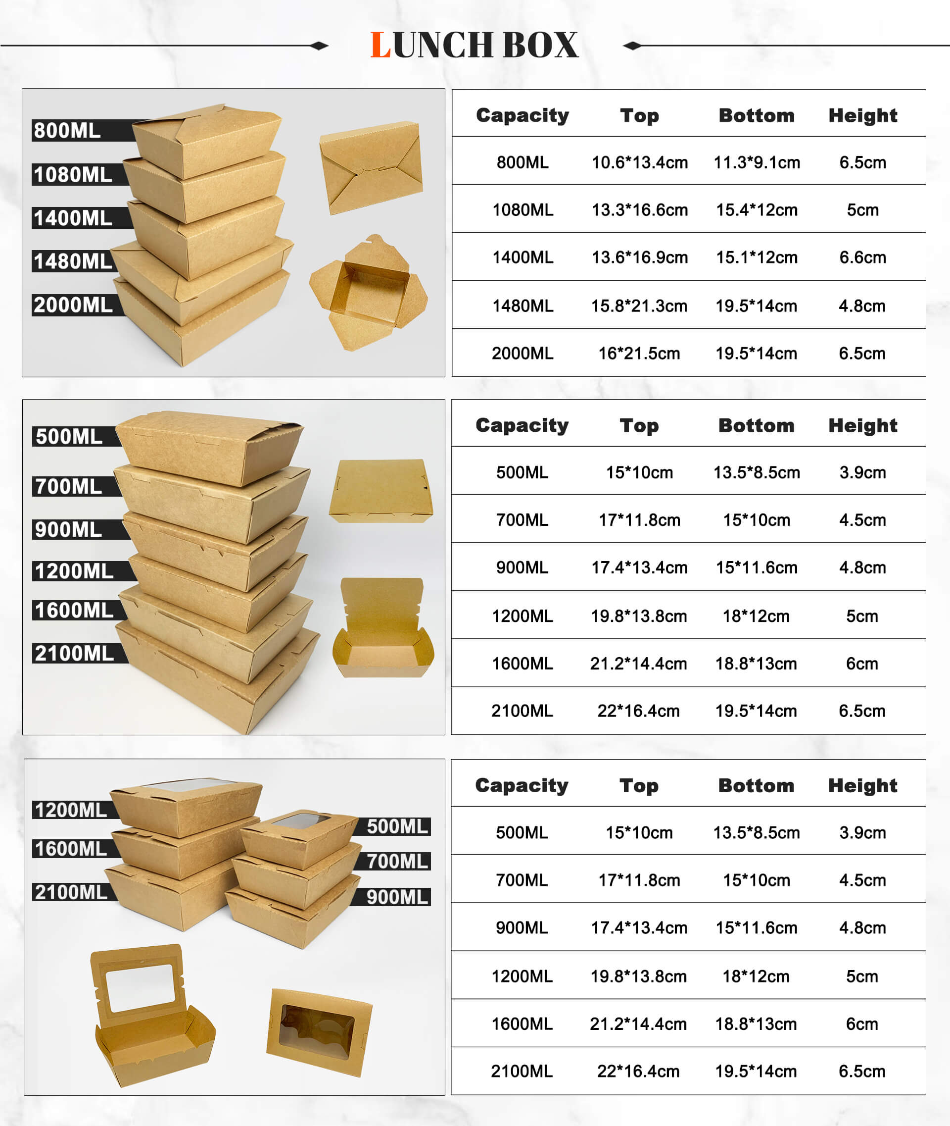 Disposable Packaging Waterproof 2 Two Compartments Fast Food Tray Kraft Rectangular Paper Salad Food Box with PET Lid