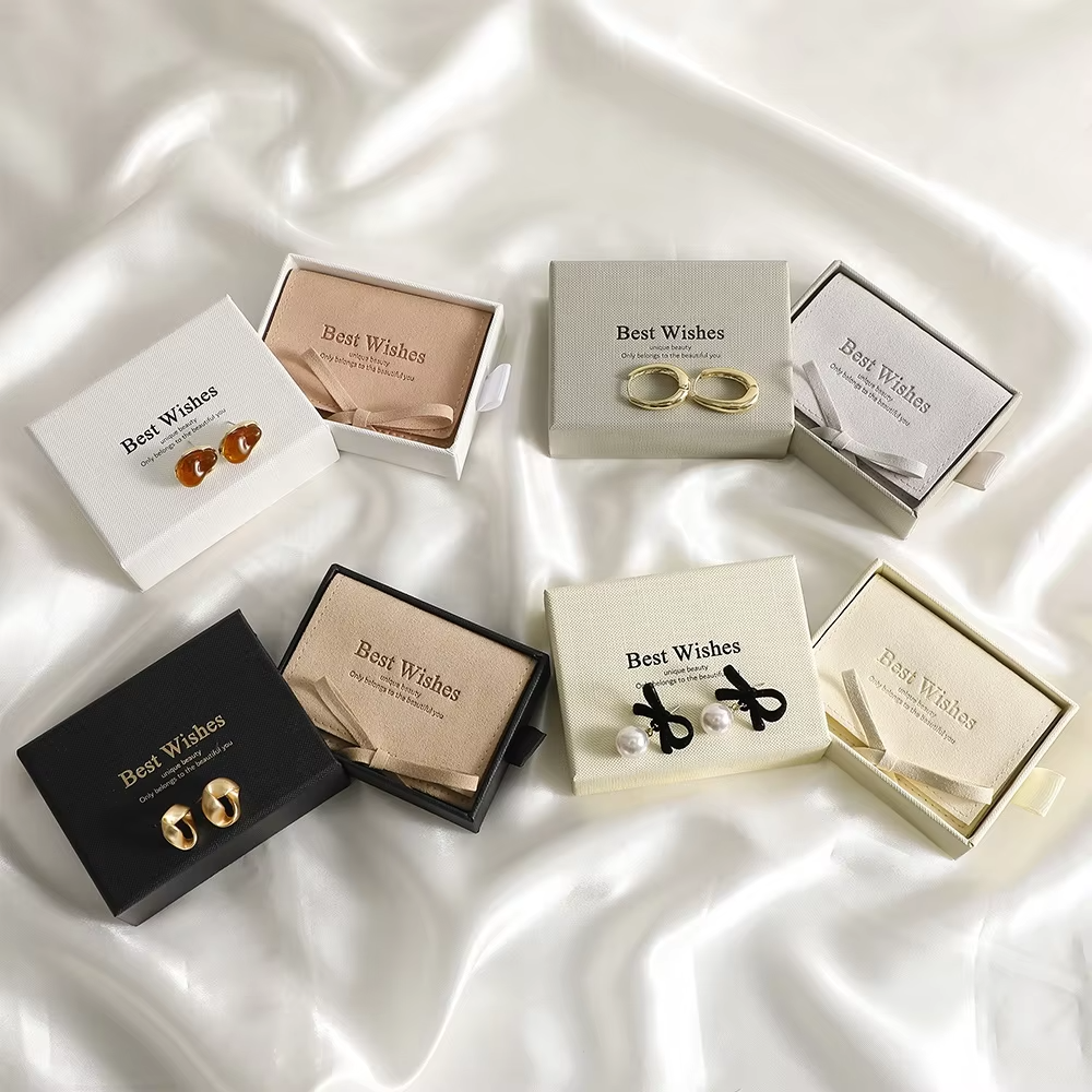 9x7x3cm Custom Logo Gifting Preferred Jewelry Storage Set Microfiber Bow Pouches Foldable Vintage Smooth Luxury Drawer Box