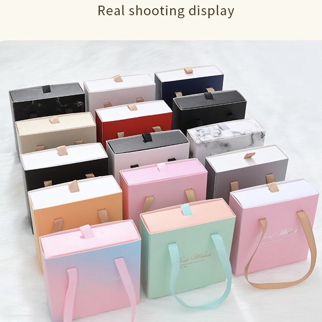 Custom Logo Portable Gift Packaging Box Bracelet Ring Earrings Paper Boxes Drawer Sliding Satin Jewelry Gift Box with Handle