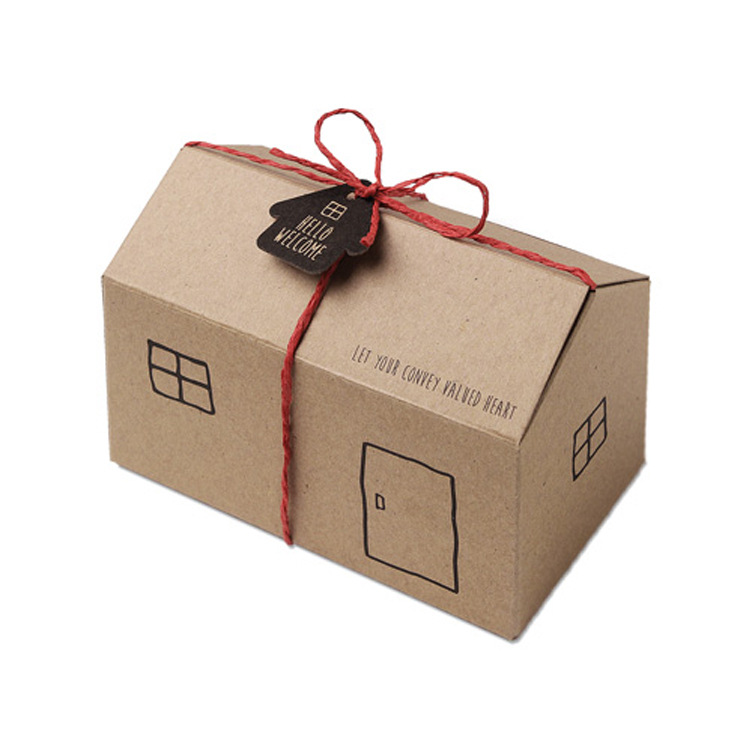 Wholesale High Quality Holiday Party Treat Boxes Gift Kraft House Shaped Candy Chocolate Dessert Box With Ropes Tags
