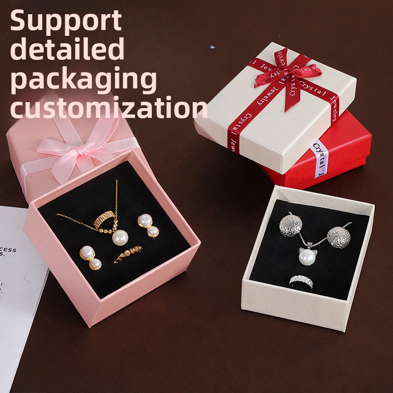 English Letter Bow Jewelry Box Square Top Bottom Lid Jewelry Packaging Box Small Gift Box for Ring Necklace
