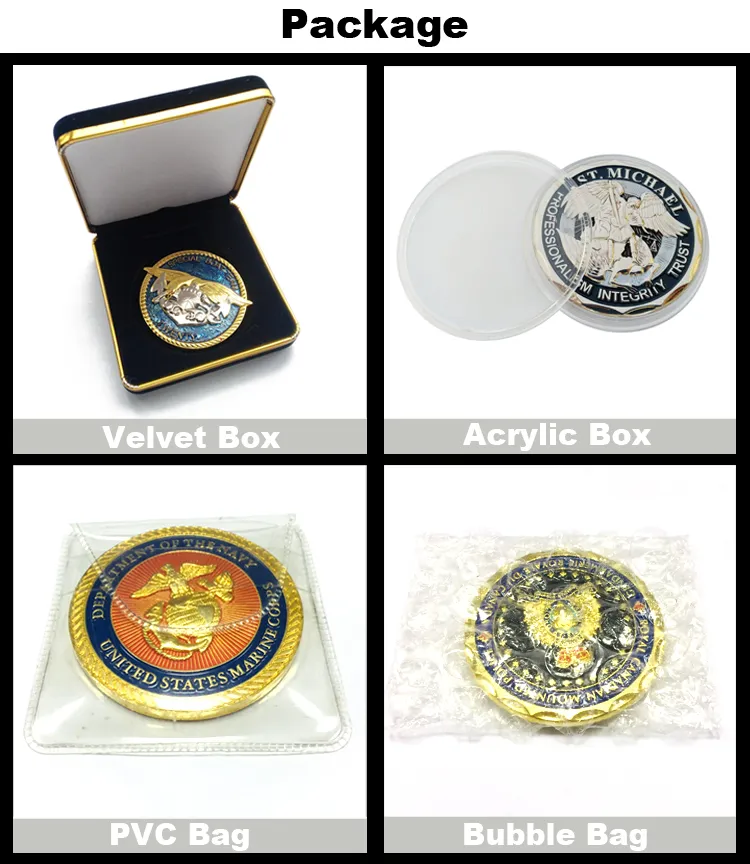 Promotional Gifts Stamping Logo Commemorative Medal Challenge Coin PU Leather Velvet Plastic Box