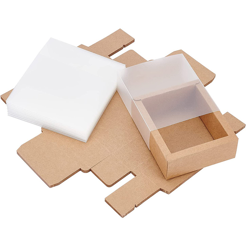 Kraft Paper Gift Boxes with PVC Frosted Cover Kraft Paper Drawer Box for Cake Cookie Candy Soap Snacks Wedding Party Favors