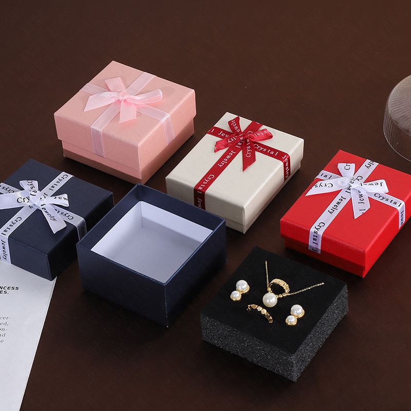 English Letter Bow Jewelry Box Square Top Bottom Lid Jewelry Packaging Box Small Gift Box for Ring Necklace