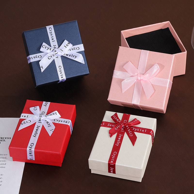 English Letter Bow Jewelry Box Square Top Bottom Lid Jewelry Packaging Box Small Gift Box for Ring Necklace