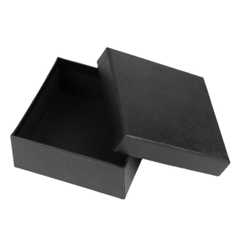 Heaven Earth-style Square Small Black Jewelry Gift Box with Belt Packaging Cardboard Material Hot Stamped Die Cut Design Model 5
