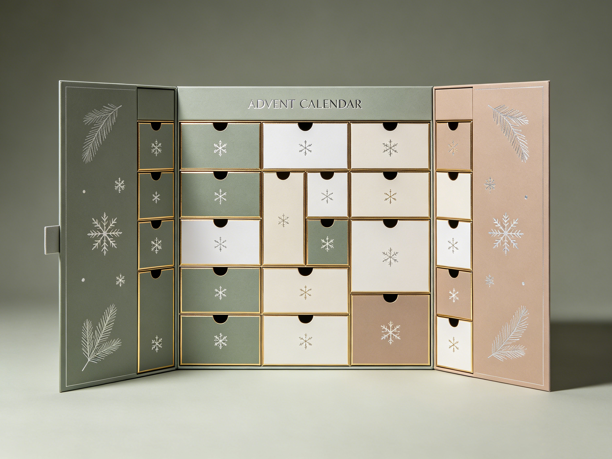Customizable Sage Green &amp; Gold Foil Advent Calendar Box, Premium Fold-Out Christmas Calendar Packaging