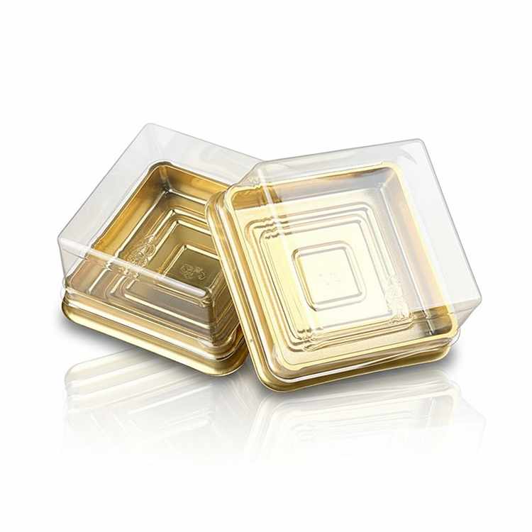 Food Grade Square Mooncake Blister Box Transparent Top Bottom Lid Golden Inner Tray Custom Dessert Pastry Plastic Packaging Box