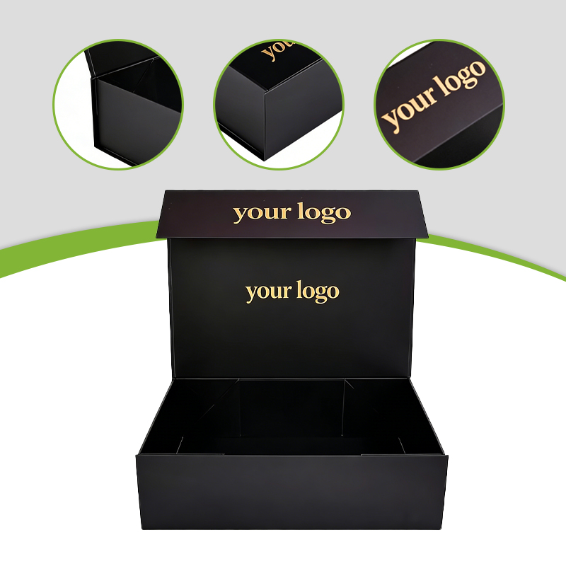 Black Luxury Premium Custom Logo Eco-Friendly Reusable Rigid Cardboard Magnetic Closure Gift Box with Matte Finish Hot Stamping