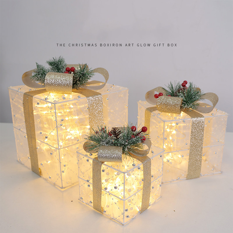 Multiple Designs Christmas Holiday Warm White LED Light Gift Box with Pine Cone Fairy Decorations Christmas Gift Box
