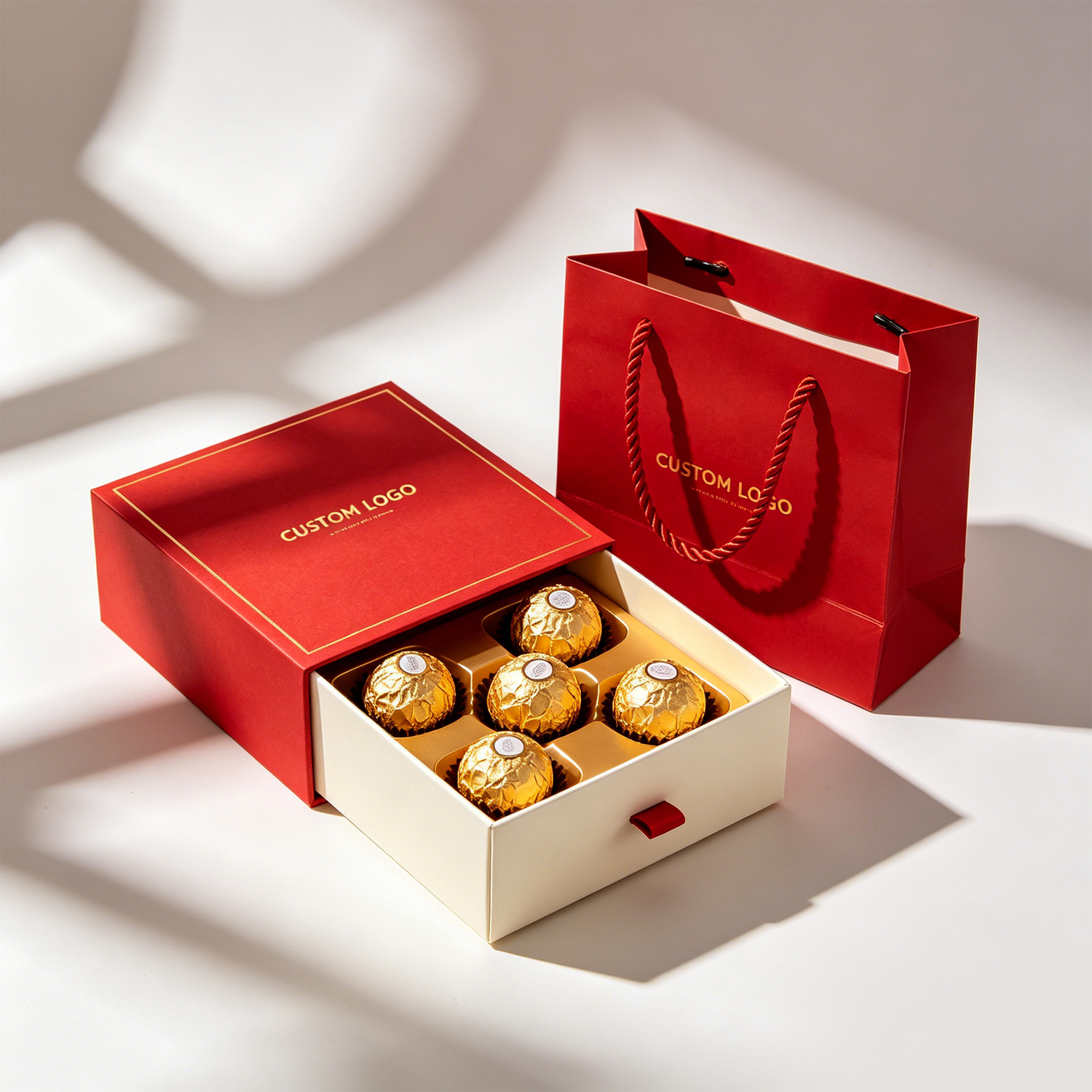 Personalized Custom logo Luxury Chocolate Boxes with EVA Insert Christmas Candy Drawer Gift Boxes Rigid Packaging Box and Bag