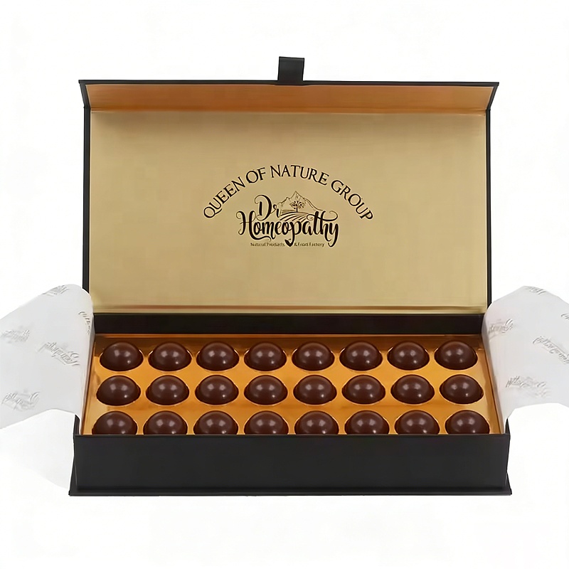 Custom Chocolate Hinged Lid Magnetic Rigid Box With Custom Insert, Gold Foil Stamping &amp; Ribbon Candy Luxury Gift Packaging Box