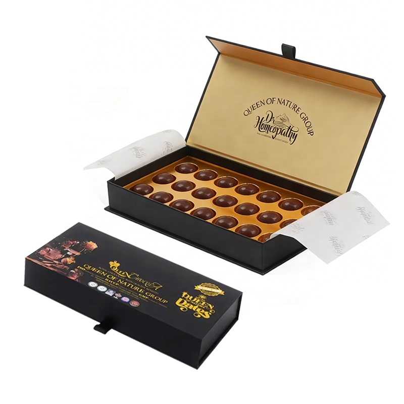 Custom Chocolate Hinged Lid Magnetic Rigid Box With Custom Insert, Gold Foil Stamping &amp; Ribbon Candy Luxury Gift Packaging Box
