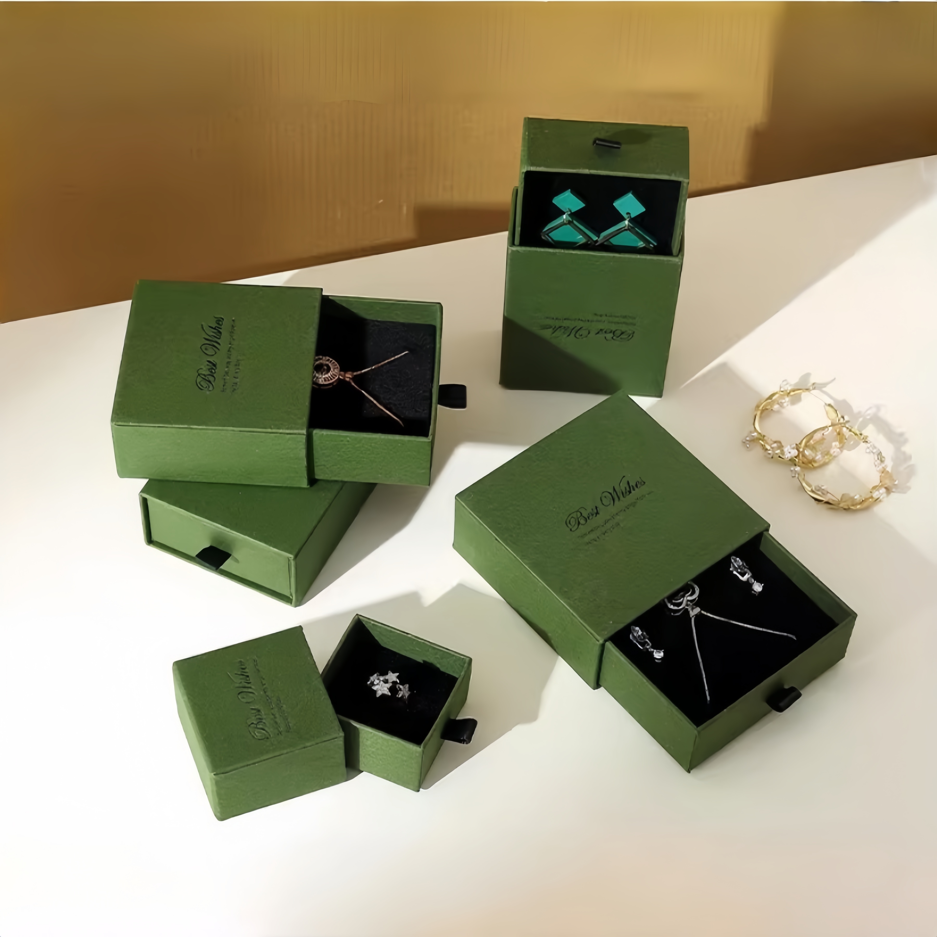 Custom Portable Rigid Drawer Jewelry Box with Embossing and Textured Paper Logo Luxury Gift Packaging for Rings and Necklaces