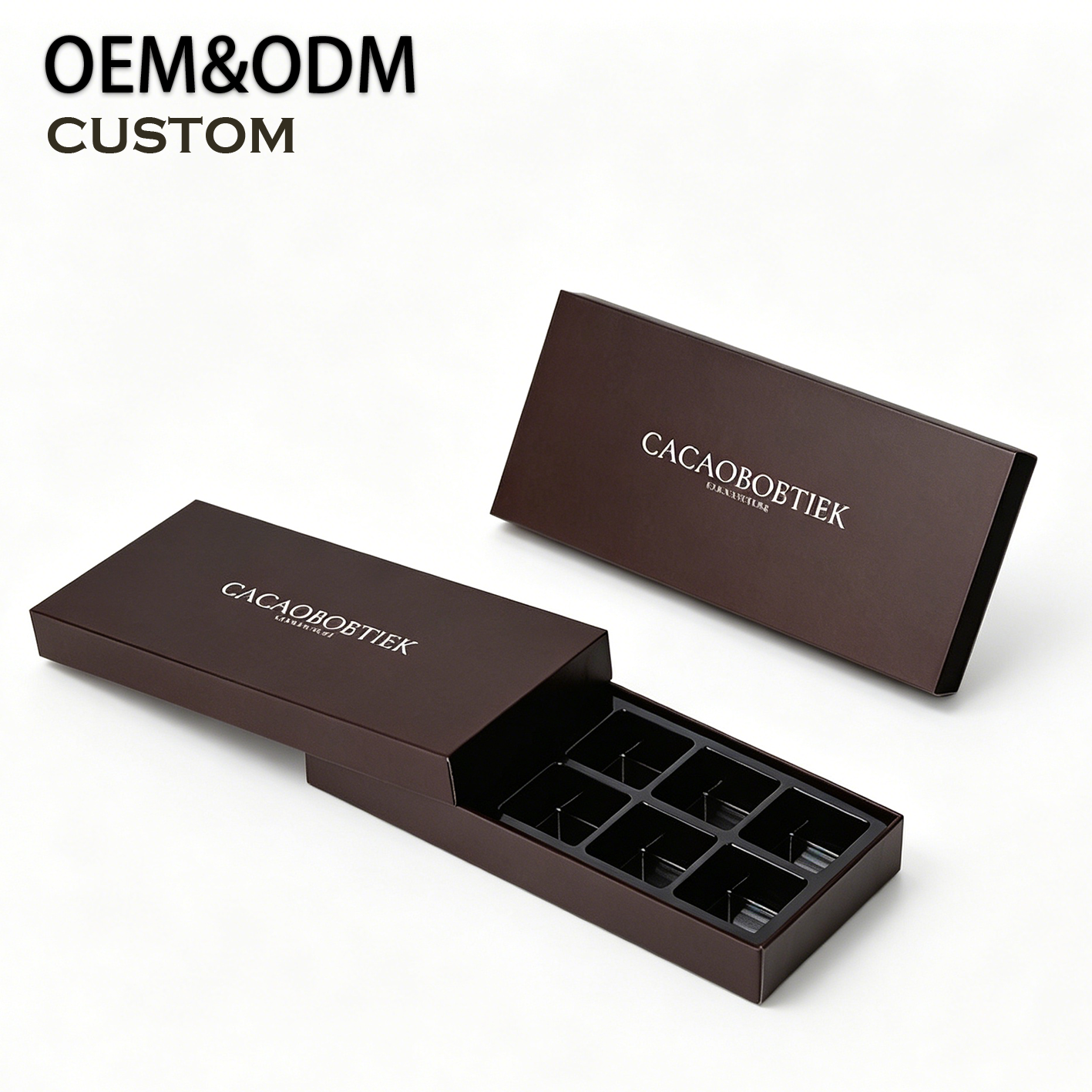 Luxury Portable Chocolate Gift Box Custom Brown Rigid Lid-and-Base Packaging Sponge Lining Blister Tray Premium Full-Color Print