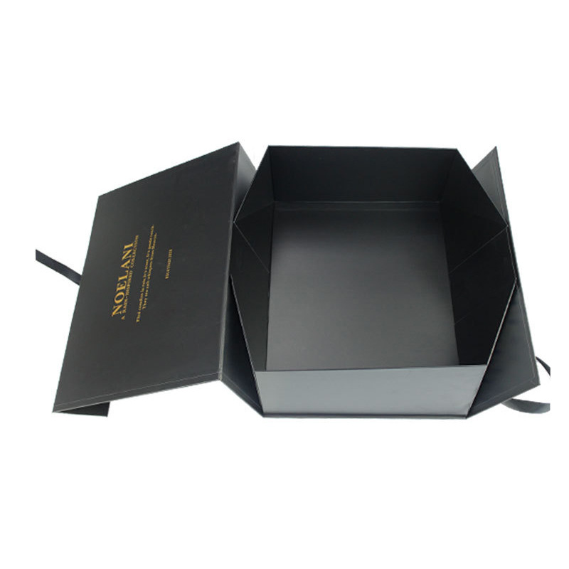Black Rigid Flat Luxury Magnetic Folding Storage Paper Gift Box With Ribbon