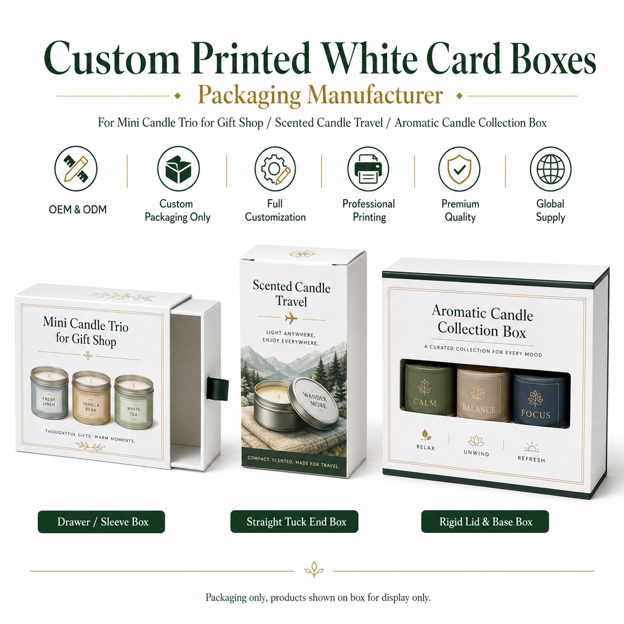 Space Saving Foldable 350gsm SBS White Cardboard Box For Mini Candle Trio Gift Shop Scented Candle Travel Aromatic Candle