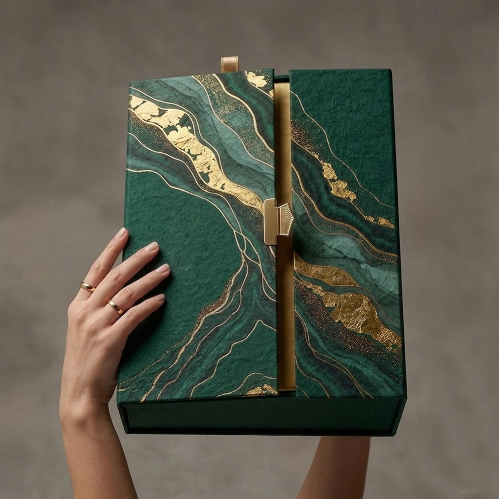 Custom Luxury Double-Door Magnetic Rigid Gift Box with Gold Foil Marble Pattern for High-end Cosmetic Jewelry Set Packaging