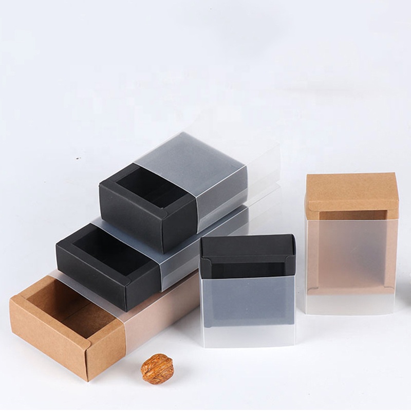 Prime Branded Packing Custom Brown Transparent Clear Frosted PVC Sleeve Sliding Box Kraft Paper Drawer Boxes With Clear Window