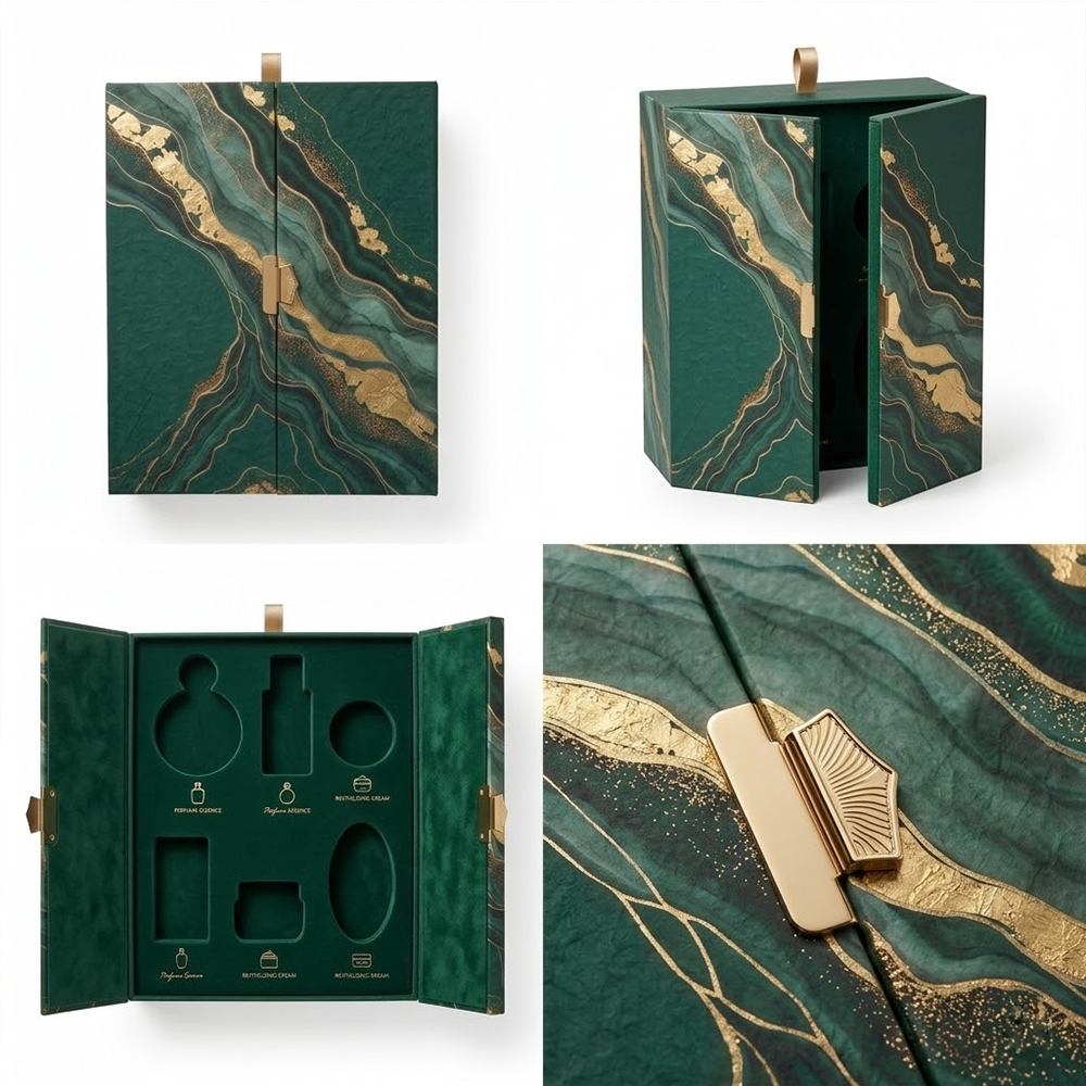 Custom Luxury Double-Door Magnetic Rigid Gift Box with Gold Foil Marble Pattern for High-end Cosmetic Jewelry Set Packaging
