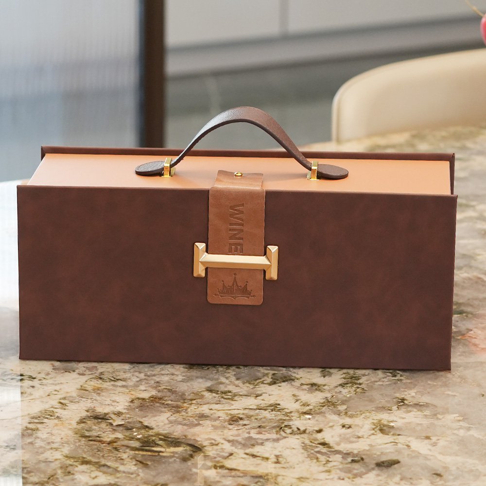 Customized Vintage Design PU Leather Wine Box Champagne Whisky Wine Bottle Gift Packaging Box with Handle