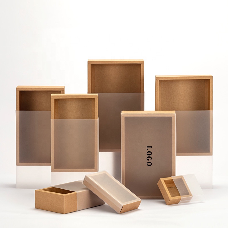 Prime Branded Packing Custom Brown Transparent Clear Frosted PVC Sleeve Sliding Box Kraft Paper Drawer Boxes With Clear Window