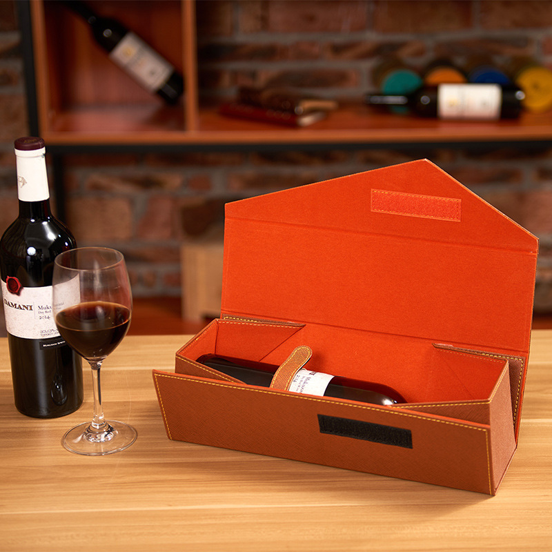 Red Vintage PU Leather Wine Gift Box Empty Portable Folding Presentation Box with Stamping for Candle Wine Gift Packing